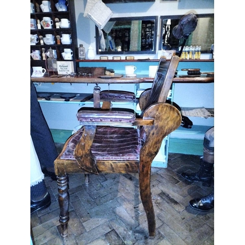 372 - ± E Thomas Gentleman's Hairdresser Pair of Barber's Beech and Leather Ogee patent Chairs Pair of Bar... 