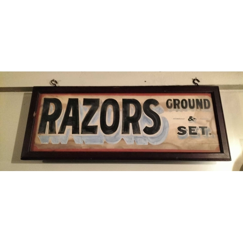 384 - ± E Thomas Gentleman's Hairdresser Razors framed sign An advertising sign painted 