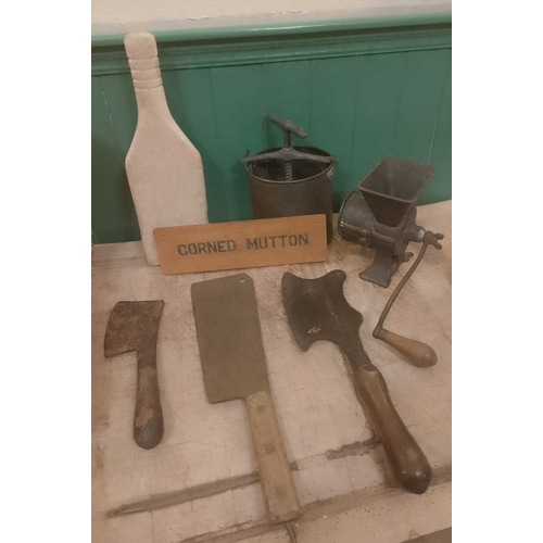 391 - ± Thomas Borthwick & Sons Butchers Butcher’s tools Including a Rushbrook Smithfield meat cleaver, a ... 