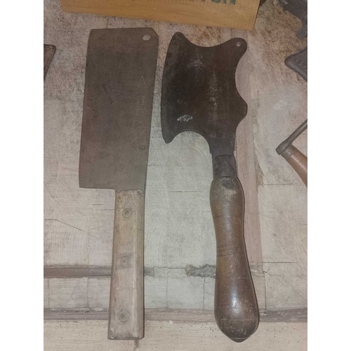 391 - ± Thomas Borthwick & Sons Butchers Butcher’s tools Including a Rushbrook Smithfield meat cleaver, a ... 