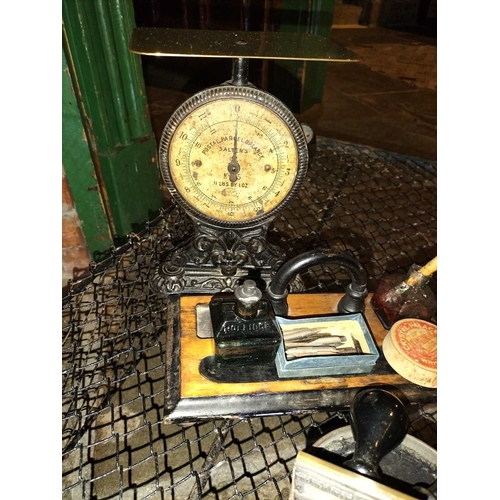 421 - ± Post Office Scales, Stamps, Weights etc A group of countertop items including scales, stamps, weig... 