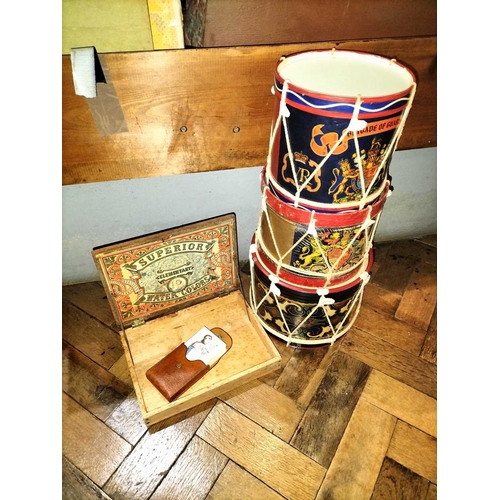 518 - ± Mr Neville's Toyshop Drums , snap and paint box Three toy tin drums a Jacques type 