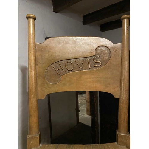 526 - ± The Bakery An unuasial chair with 'Hovis' carved into the back Height 94cm, seat: 36x36cm - This l... 