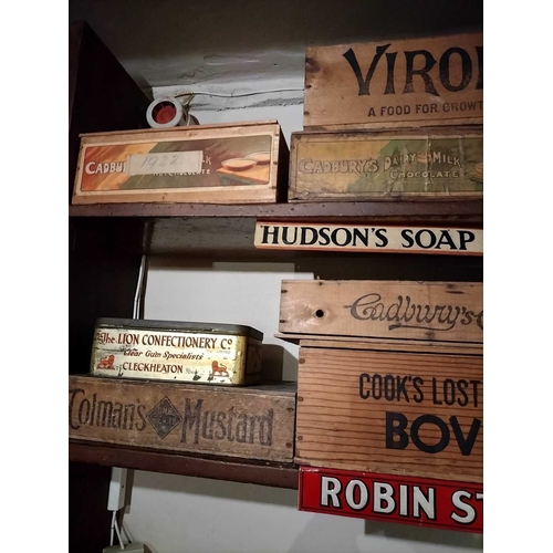 623 - ± Lugg's Hardware Shop Packaging Ten wooden boxes, a tin and two tin shelf signs. - This lot will be... 