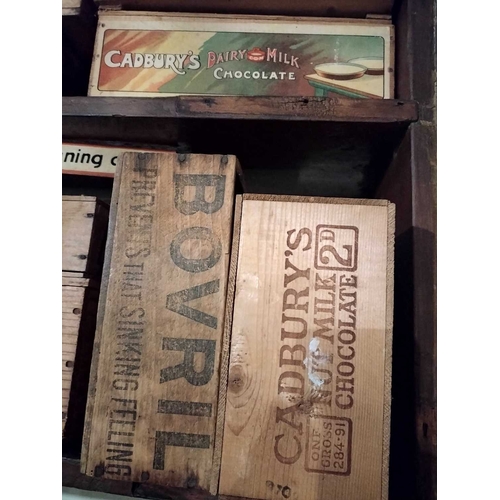 623 - ± Lugg's Hardware Shop Packaging Ten wooden boxes, a tin and two tin shelf signs. - This lot will be... 