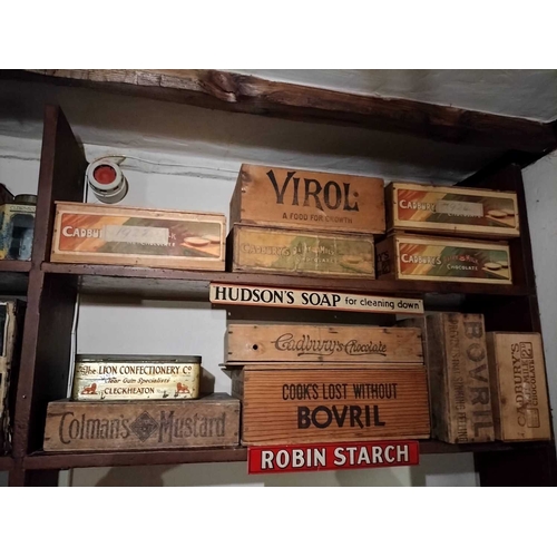 623 - ± Lugg's Hardware Shop Packaging Ten wooden boxes, a tin and two tin shelf signs. - This lot will be... 