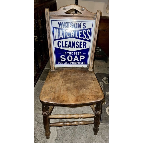 624 - ± Lugg's Hardware Shop Advertising A chair by F. East, Dundee, with an enamel advert for Watson's So... 