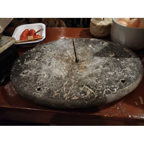 636 - ± Lugg's Hardware Shop A Marble Cheeseboard etc. The oval marble cheese board with wire cutter 43cm,... 