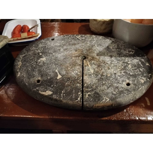 636 - ± Lugg's Hardware Shop A Marble Cheeseboard etc. The oval marble cheese board with wire cutter 43cm,... 