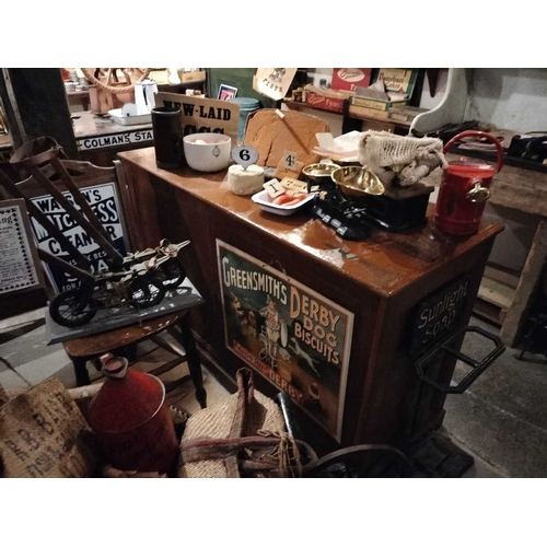 653 - ± Lugg,s Hardware Shop Counters and enamel advertising signs A mahogany topped and pine panelled cou... 