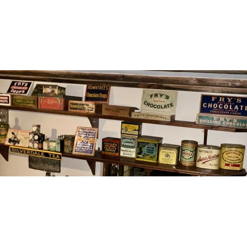 665 - ± Lugg's Hardware Shop Signs Tins Boxes etc. A collection on two long shelves - This lot will be sub... 