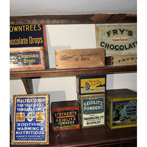 665 - ± Lugg's Hardware Shop Signs Tins Boxes etc. A collection on two long shelves - This lot will be sub... 