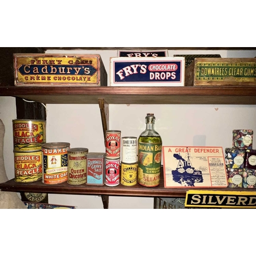 665 - ± Lugg's Hardware Shop Signs Tins Boxes etc. A collection on two long shelves - This lot will be sub... 