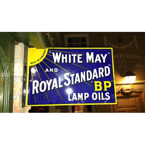 675 - ± Lugg's Hardware Shop White May Enamel Sign A White May and Royal Standard BP Lamp Oils double side... 