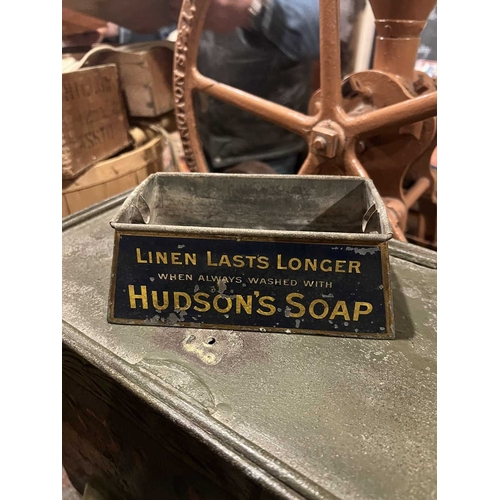 699 - ± Lugg's Hardware Shop Sundries A heavy copper funnel, a Hudson's soap tinplate label moistener, can... 