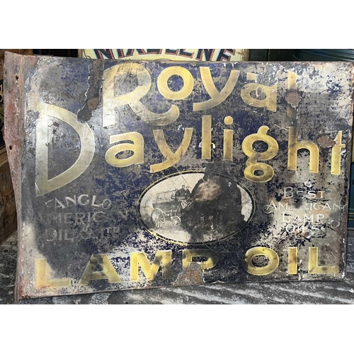 703 - ± Lugg's Hardware Shop Enamel Sign Double sided for Royal Daylight Lamp Oil 37x53cm - This lot will ... 