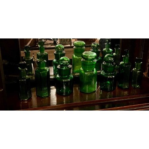 716 - ± J Dyke Apothecary Bottles, Drug Jars etc. Including a Yardley composition group, small green poiso... 