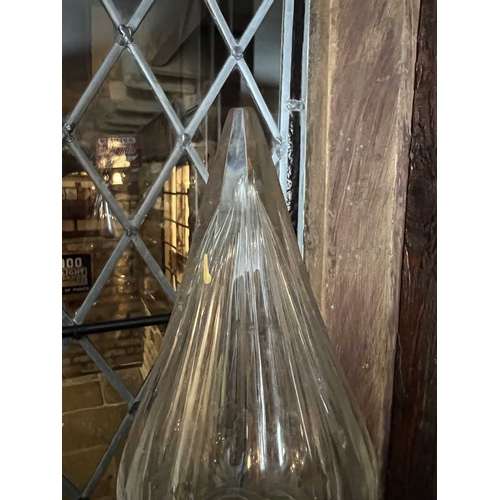 734 - ± J Dyke Apothecary Display Bottles Two large pear shape bottles with cut pointed stoppers each on a... 