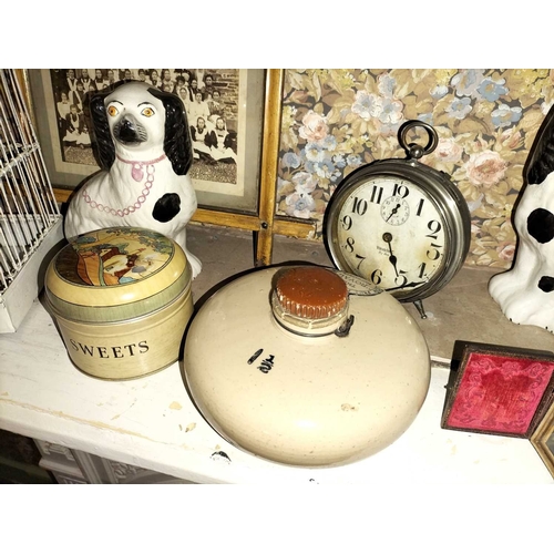 742 - ± Bakers Nursery Staffordshire dogs etc. A small group of items to include Pottery bed warmer, Staff... 