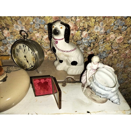 742 - ± Bakers Nursery Staffordshire dogs etc. A small group of items to include Pottery bed warmer, Staff... 