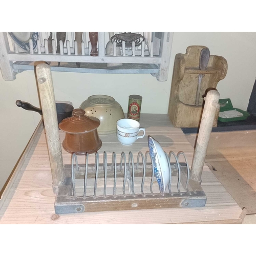 812 - ± Flambards Hotel Kitchen Spoon rack etc. A rustic spoon rack, a plate drainer and a green enamel so... 