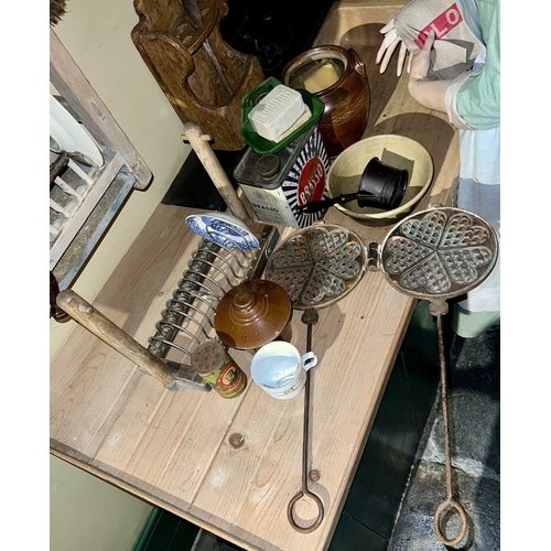 812 - ± Flambards Hotel Kitchen Spoon rack etc. A rustic spoon rack, a plate drainer and a green enamel so... 