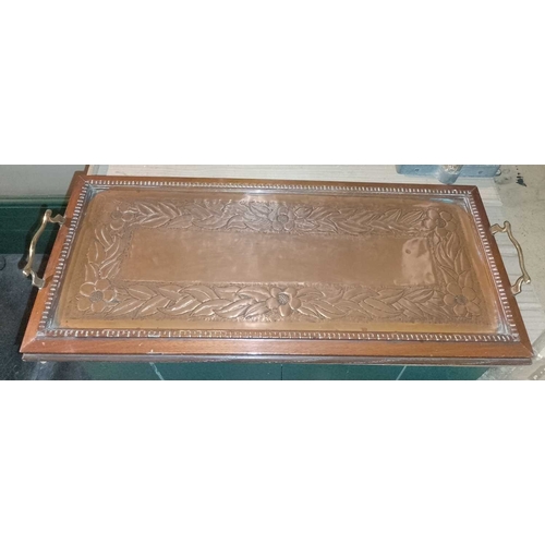 818 - ± Flambards Hotel Kitchen Copper A twin burner warming stand W 60cm and an Arts & Crafts copper tray... 