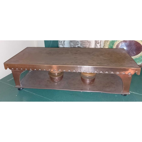 818 - ± Flambards Hotel Kitchen Copper A twin burner warming stand W 60cm and an Arts & Crafts copper tray... 