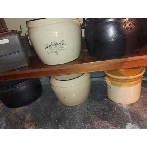 828 - ± Flambards Hotel Kitchen Cooking equipment Cast iron pots, stoneware storage jars and further items... 