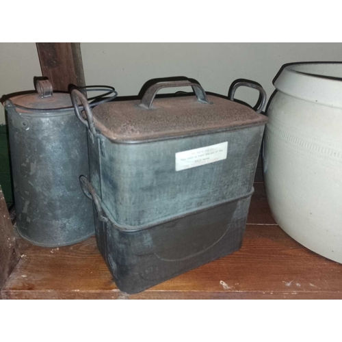 828 - ± Flambards Hotel Kitchen Cooking equipment Cast iron pots, stoneware storage jars and further items... 