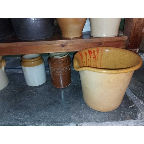 828 - ± Flambards Hotel Kitchen Cooking equipment Cast iron pots, stoneware storage jars and further items... 