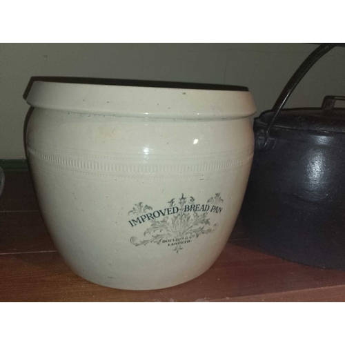 828 - ± Flambards Hotel Kitchen Cooking equipment Cast iron pots, stoneware storage jars and further items... 