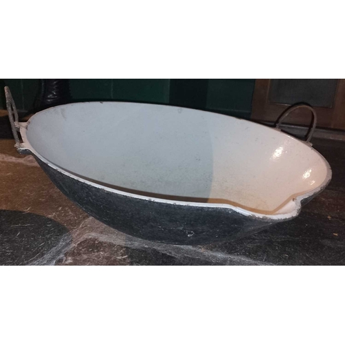 830 - ± Flambards Hotel Kitchen Bowls An enamelled cast iron milk pan D 46cm and a small pancheon D 26cm -... 