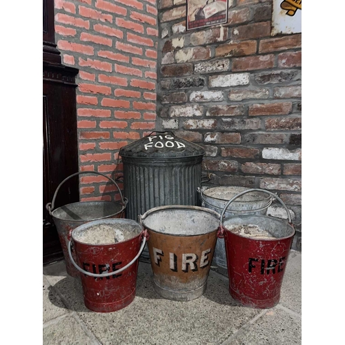 889 - ± Britain in the Blitz 4 Steel Fire Buckets, other bucket & Dustbin 5 red painted steel fire buckets... 