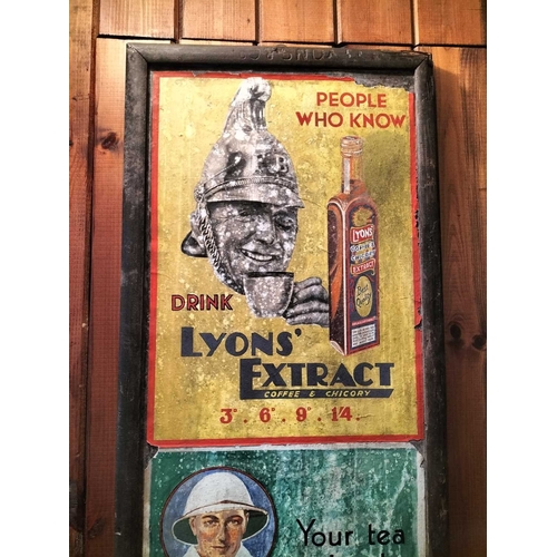 924 - ± Britain in the Blitz Lyons and Co advertising A Lyons and Co wood framed advertising board with pa... 