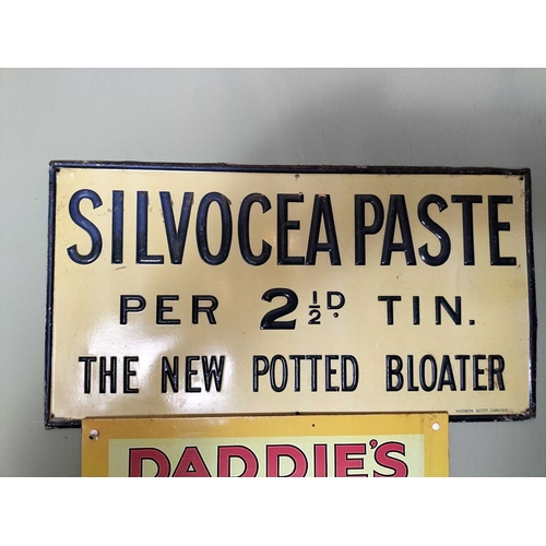 971 - ± Britain in the Blitz Advertising signs Silvocea paste pressed tin sign 22H x 41W cm together with ... 