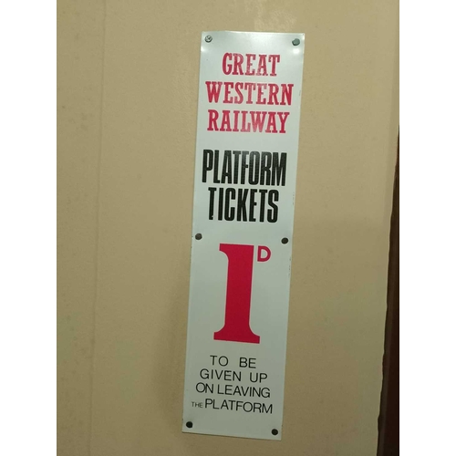 975 - ± The Station Signage An enamel ‘Private’ sign, 9cm x 45.5cm, a Great Western Railways ‘Tickets’ sig... 