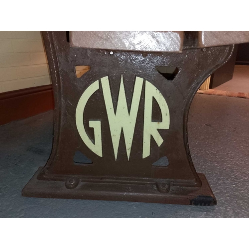 976 - ± Britain in the Blitz A GWR wooden train platform bench with cast metal bench ends 177cm x 90cm x 5... 