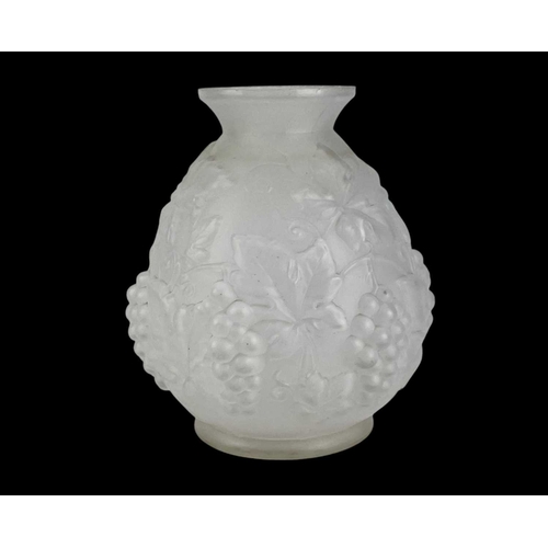 227 - A French Etaleune opaque glass vase. Circa 1930, moulded in relief with grapes and vines, height 24.... 