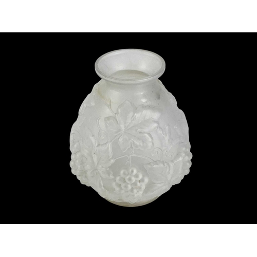 227 - A French Etaleune opaque glass vase. Circa 1930, moulded in relief with grapes and vines, height 24.... 