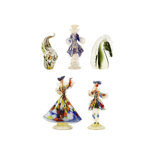 228 - A pair of Murano multicoloured glass figures of dancers. Mid 20th century, height 27cm, together wit... 