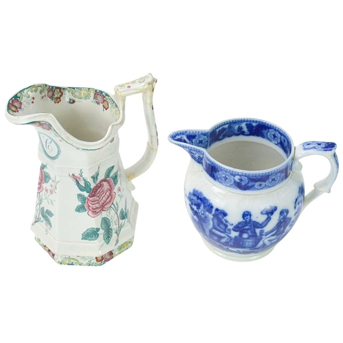 230 - Two 19th century documentary pearlware jugs. One a puzzle jug inscribed MC, height 21.5cm, the other... 