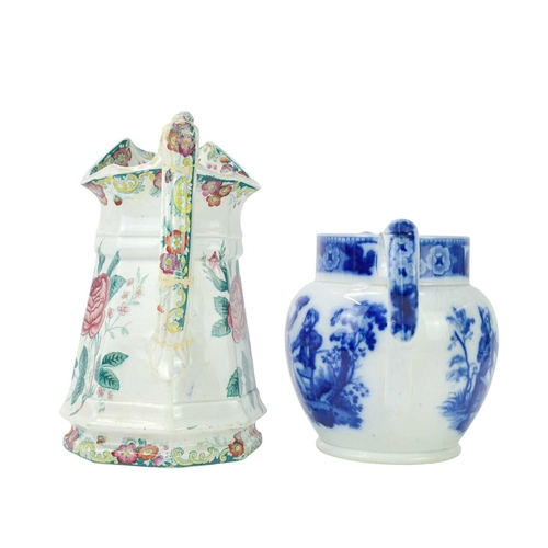 230 - Two 19th century documentary pearlware jugs. One a puzzle jug inscribed MC, height 21.5cm, the other... 