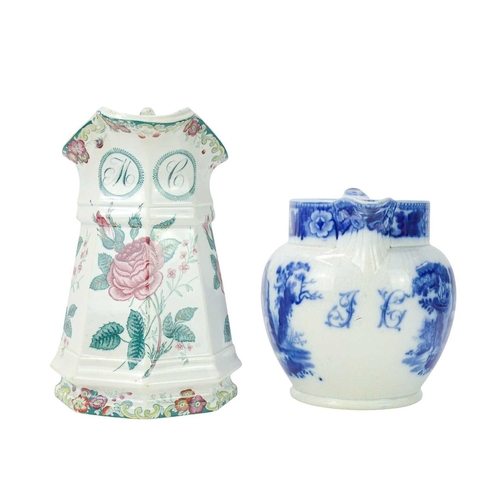 230 - Two 19th century documentary pearlware jugs. One a puzzle jug inscribed MC, height 21.5cm, the other... 