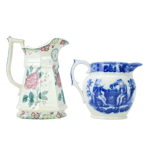 230 - Two 19th century documentary pearlware jugs. One a puzzle jug inscribed MC, height 21.5cm, the other... 