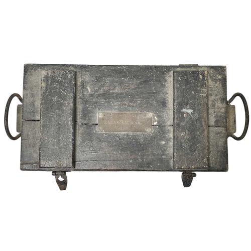 25 - A small painted pine military/naval trunk. With an attached named brass label, and twin loop handles... 