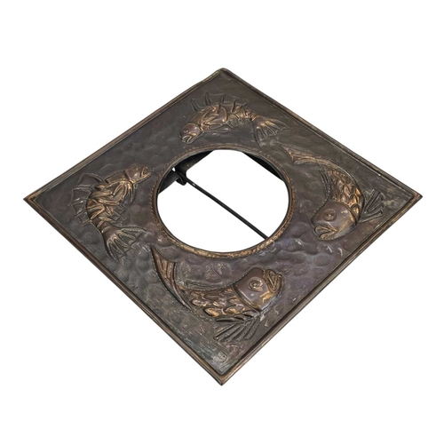 4 - A J & F Pool Hayle copper photograph frame. With a circular 9cm aperture, decorated with four fish, ... 