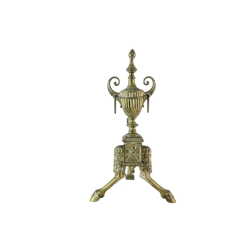 70 - A pair of ornate Neo-classical brass andirons. Early to mid 19th century, the urn finials with ring ... 