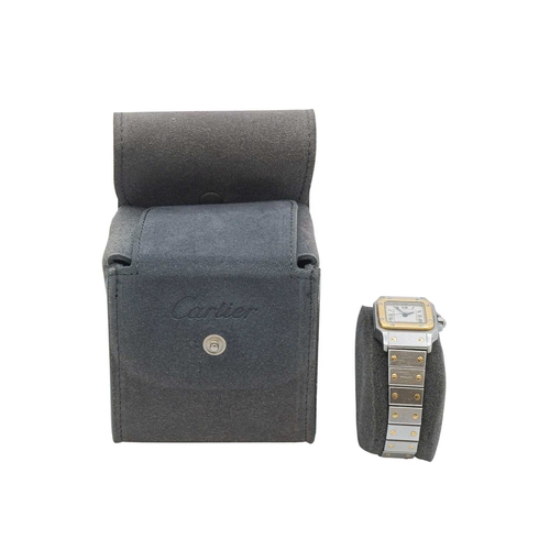 1051 - CARTIER - A Santos Carree stainless steel and gold lady's automatic bracelet wristwatch. The signed ... 