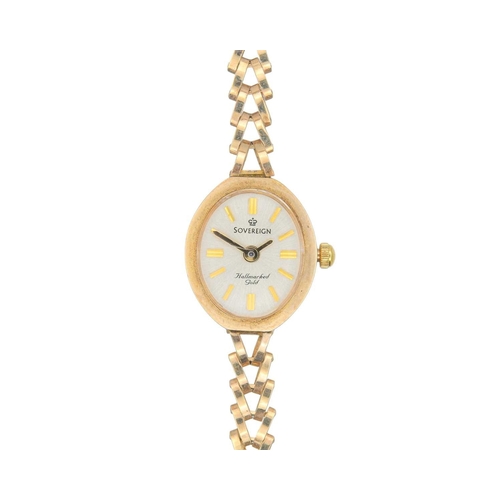 1085 - SOVEREIGN - A 9ct lady's quartz bracelet wristwatch. With signed silvered oval dial, Ronda 1 jewel m... 